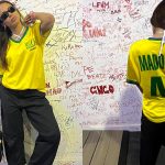 Anitta posa com camisa de futebol das cores do Brasil e escrito ‘Madonna’